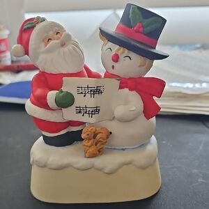 Vintage 80's Festive Santa and Snowman Holiday Musical Figurine.